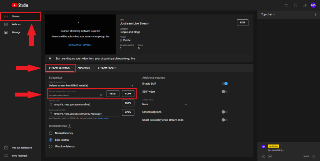 3. In the "Stream" tab, click on the "Stream settings", and look for the "Stream Key" section