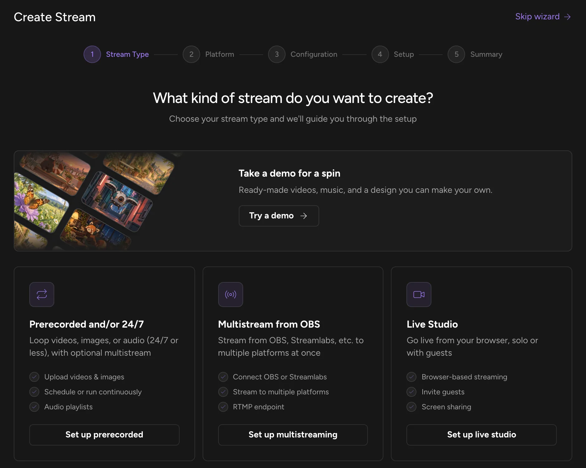 Upstream Create Stream wizard asking What kind of stream do you want to create, with Prerecorded and/or 24/7, Multistream from OBS and Live Studio