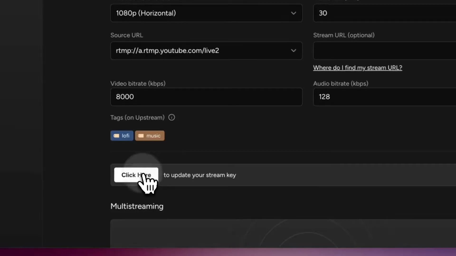 Updating a YouTube stream key in Upstream for a second 24/7 live stream