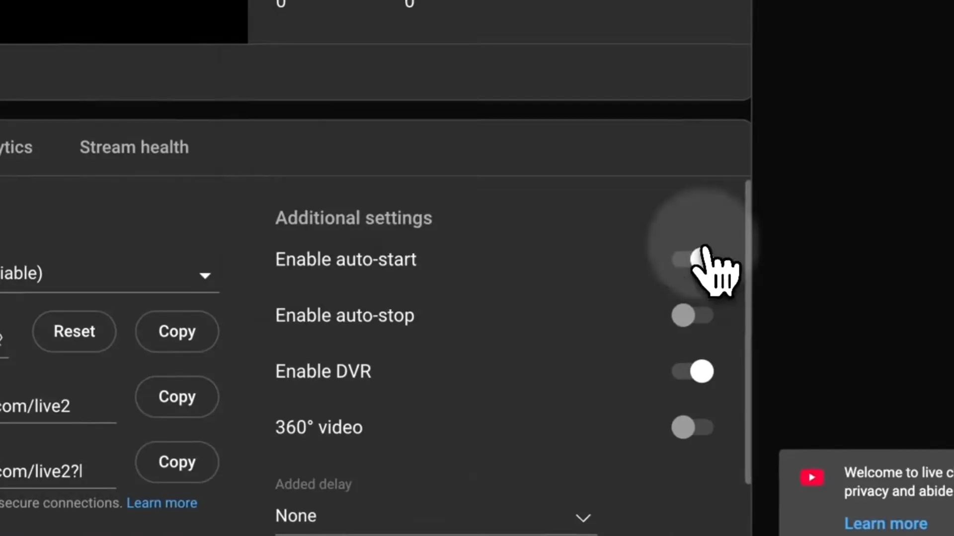 Enabling Auto-start for multiple YouTube live streams in YouTube Studio
