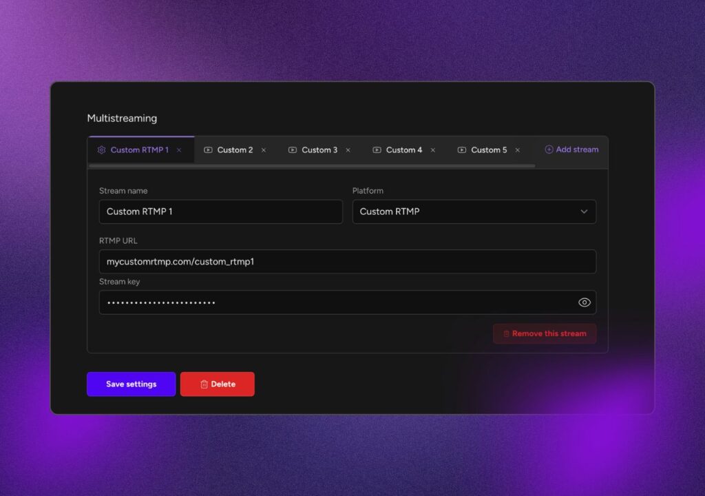 Upstream Multistreaming Menu / RTMP details of your Multistreams
