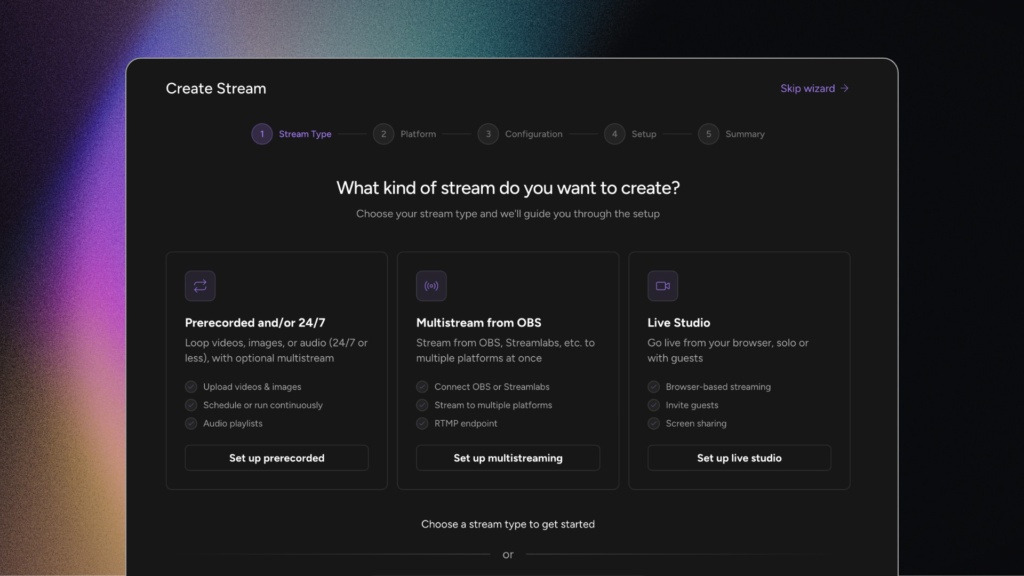 Upstream multistream setup wizard selecting YouTube as the primary stream