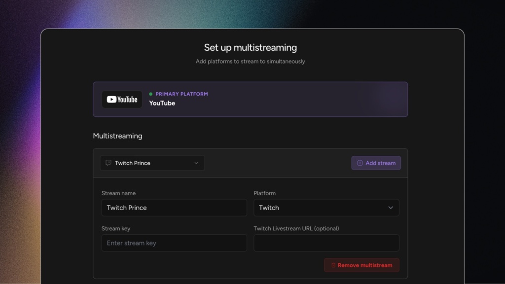 Adding Twitch and Kick stream keys as extra multistream destinations in Upstream