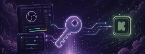Pixel-art OBS panel, stream key, and Kick icon for a Kick streaming setup guide