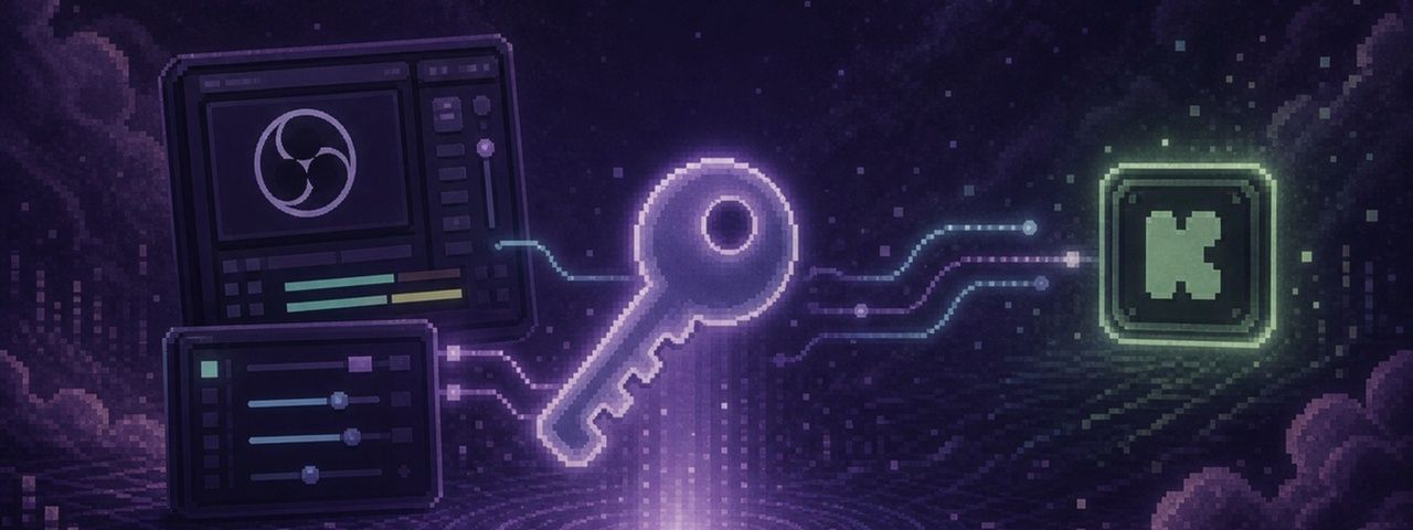 Pixel-art OBS panel, stream key, and Kick icon for a Kick streaming setup guide