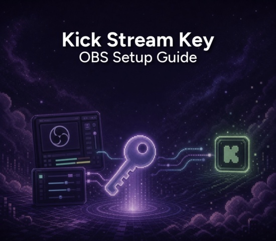 Pixel-art OBS panel, stream key, and Kick icon for a Kick streaming setup guide