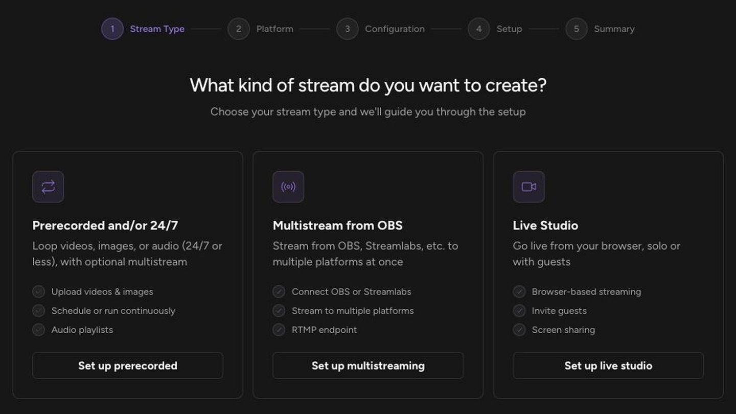 Upstream create stream wizard showing stream type options for scheduled cloud workflows