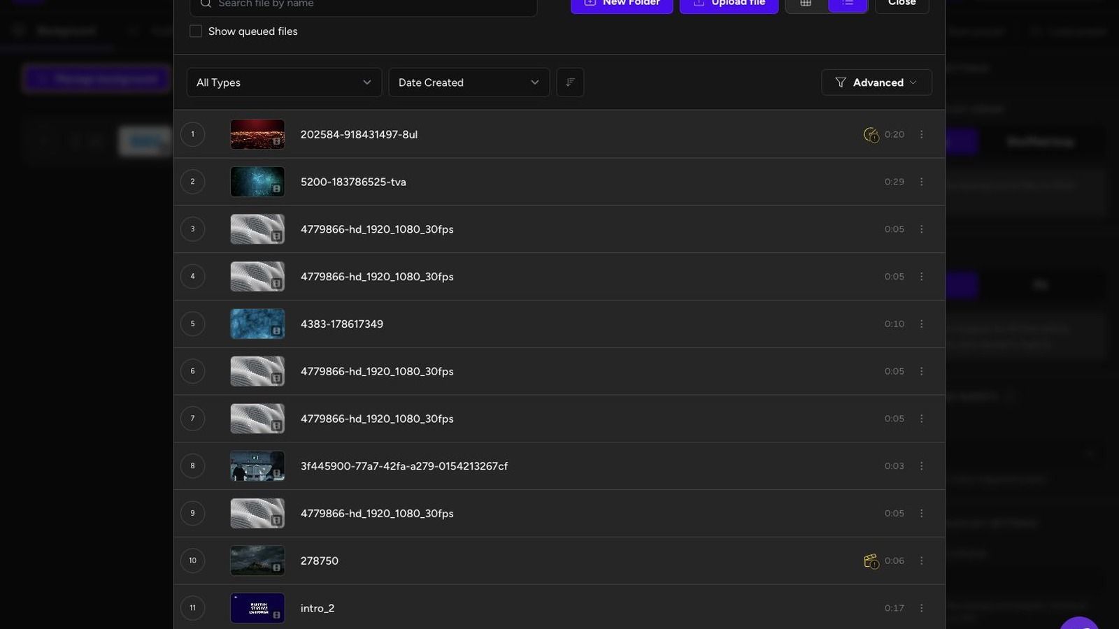 Upstream background manager showing multiple video items available for a scheduled stream playlist