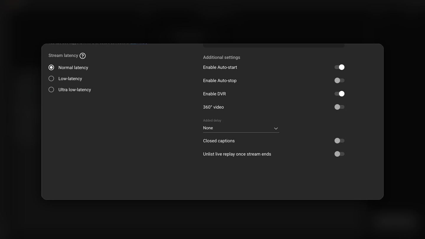 YouTube Studio additional settings showing Auto-start and Auto-stop toggles for a scheduled live event