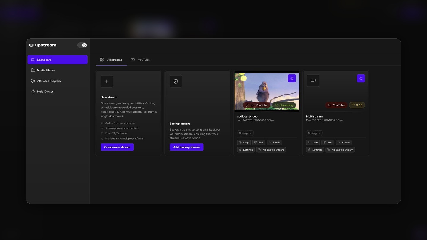 Upstream dashboard showing active streams, YouTube connection state, and cloud streaming status