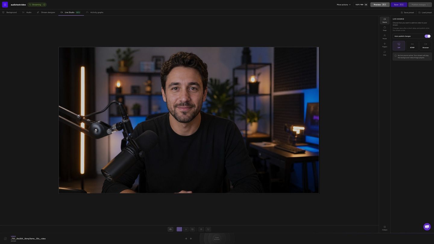 Upstream Live Studio showing a browser-based presenter source in the scheduled stream workspace
