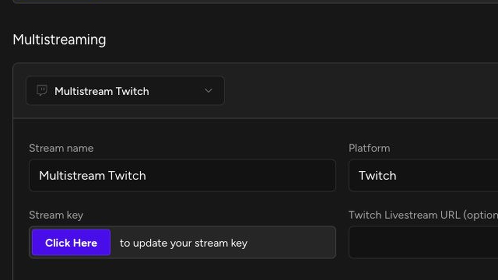 Upstream multistreaming settings with an additional Twitch destination