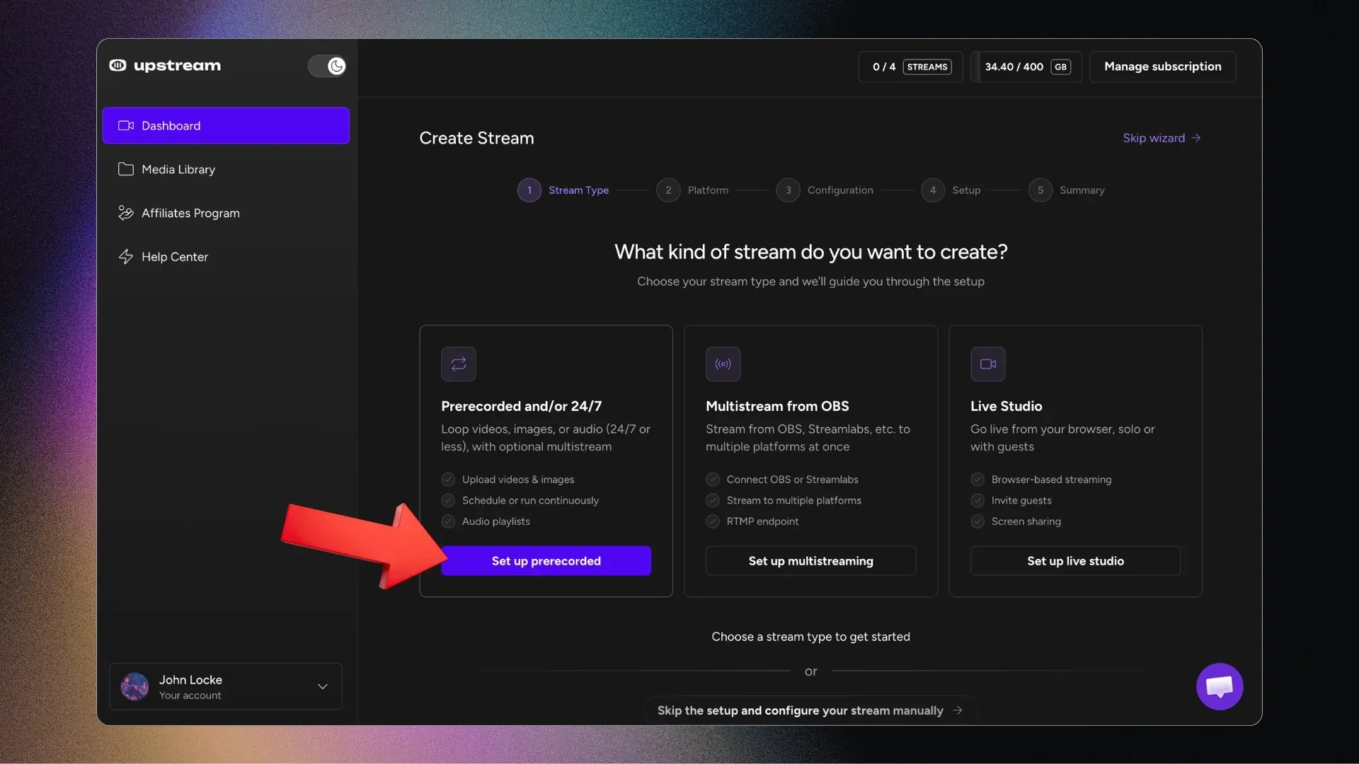 Upstream interface for creating a prerecorded 24/7 YouTube live stream