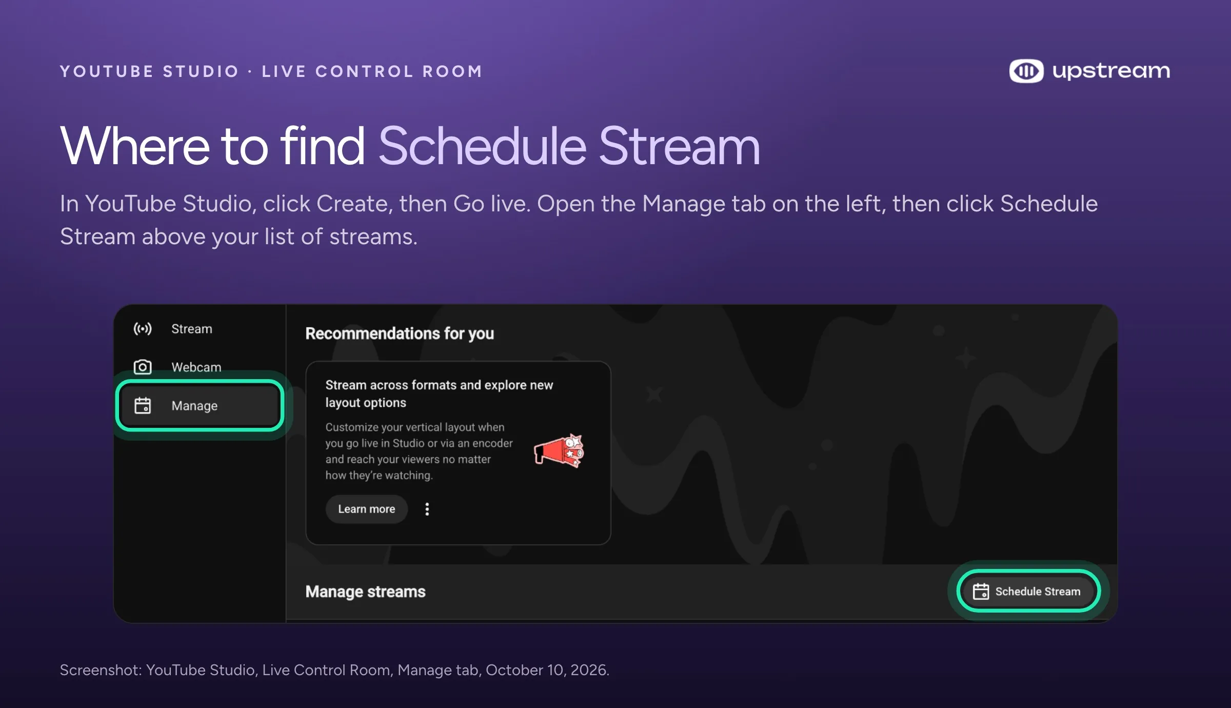 YouTube Studio's Live Control Room on the Manage tab, with the Schedule Stream button above the list of streams.