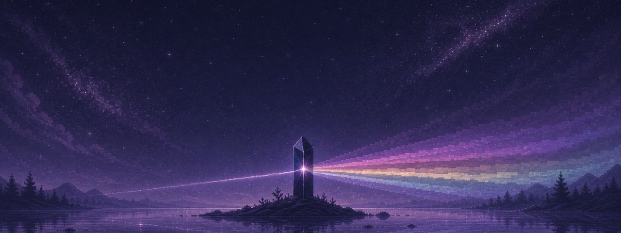Pixel art prism splitting a violet beam over a dark lake for Restream alternatives