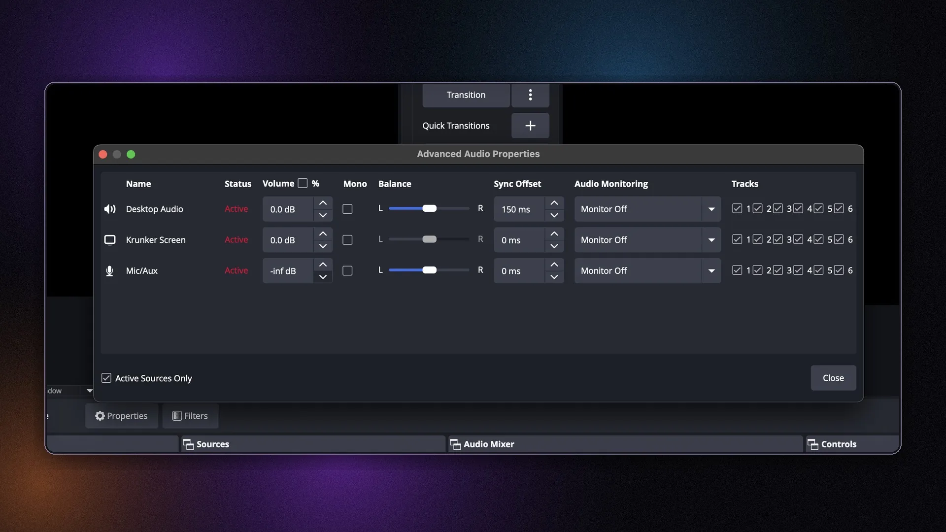 OBS Advanced Audio Properties with Sync Offset column visible