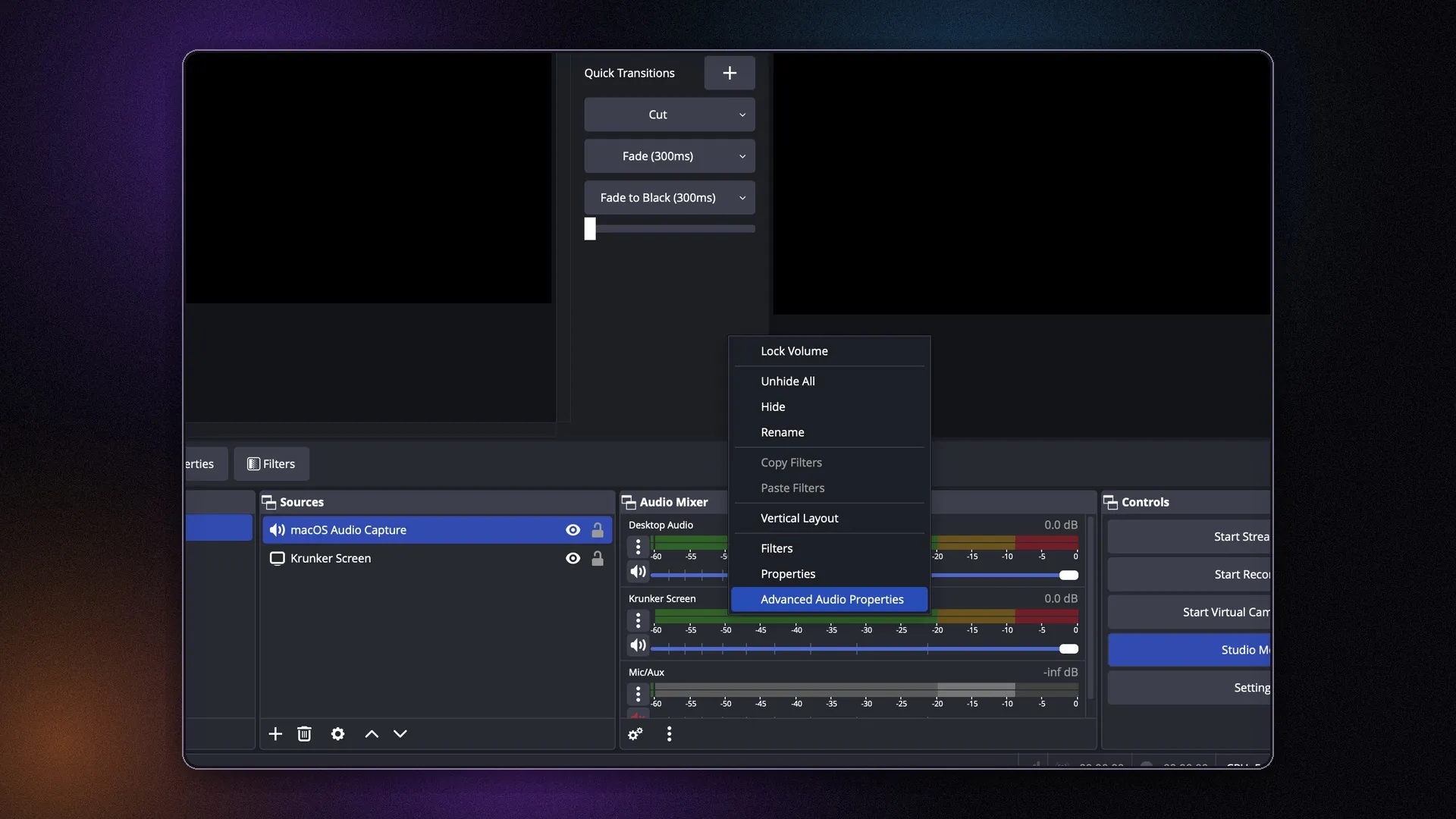 OBS Audio Mixer menu with Advanced Audio Properties selected