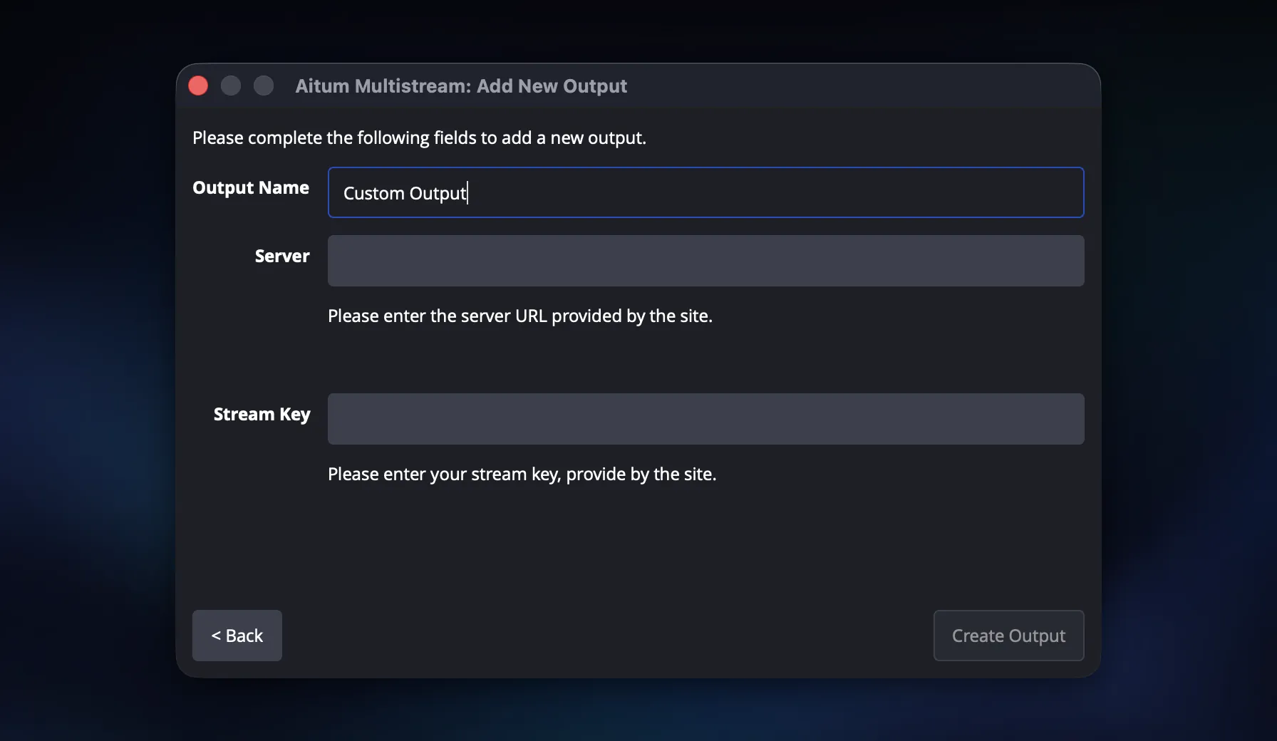 The Aitum custom output form with empty Output Name, Server and Stream Key fields, used for platforms that need RTMP details entered manually.