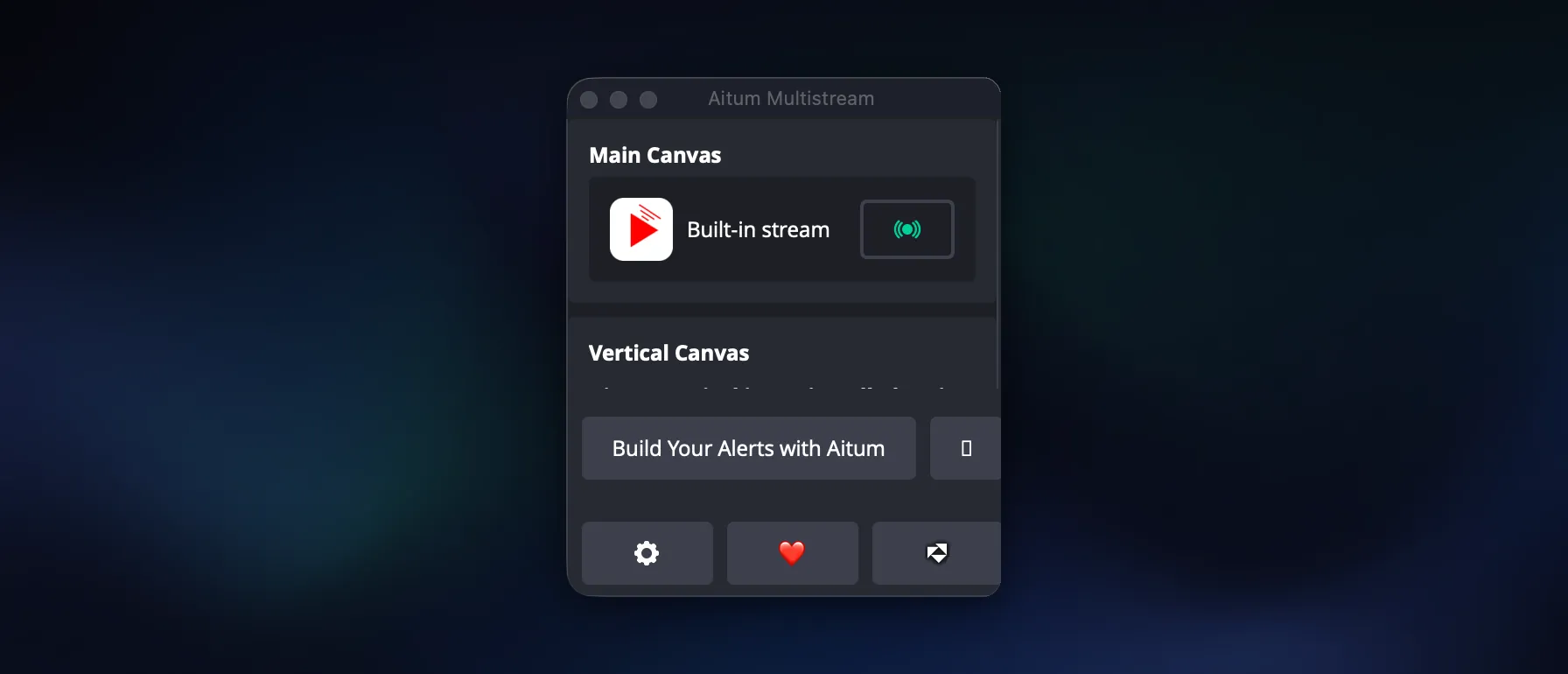 The Aitum Multistream dock in OBS, showing the Main Canvas section with its built-in stream output and a Vertical Canvas section below it.