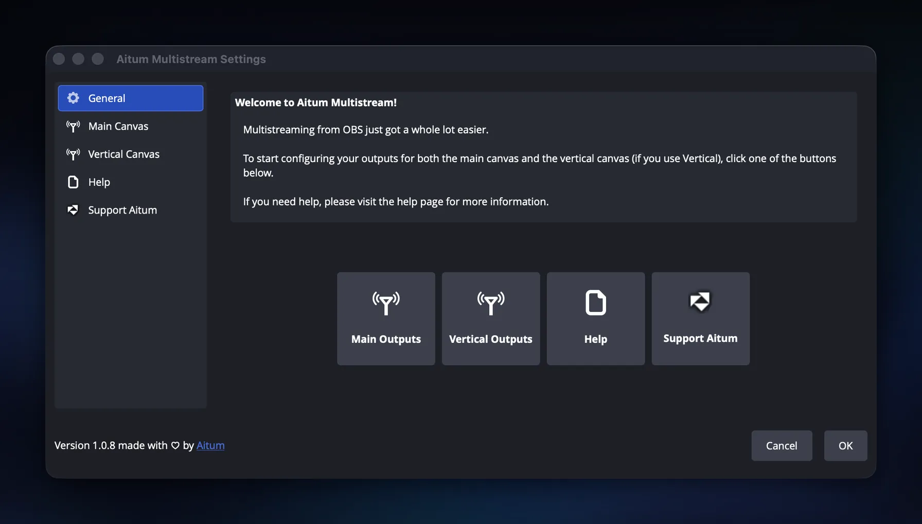 The Aitum Multistream settings welcome screen with buttons for Main Outputs, Vertical Outputs, Help and Support Aitum, showing version 1.0.8 at the bottom.