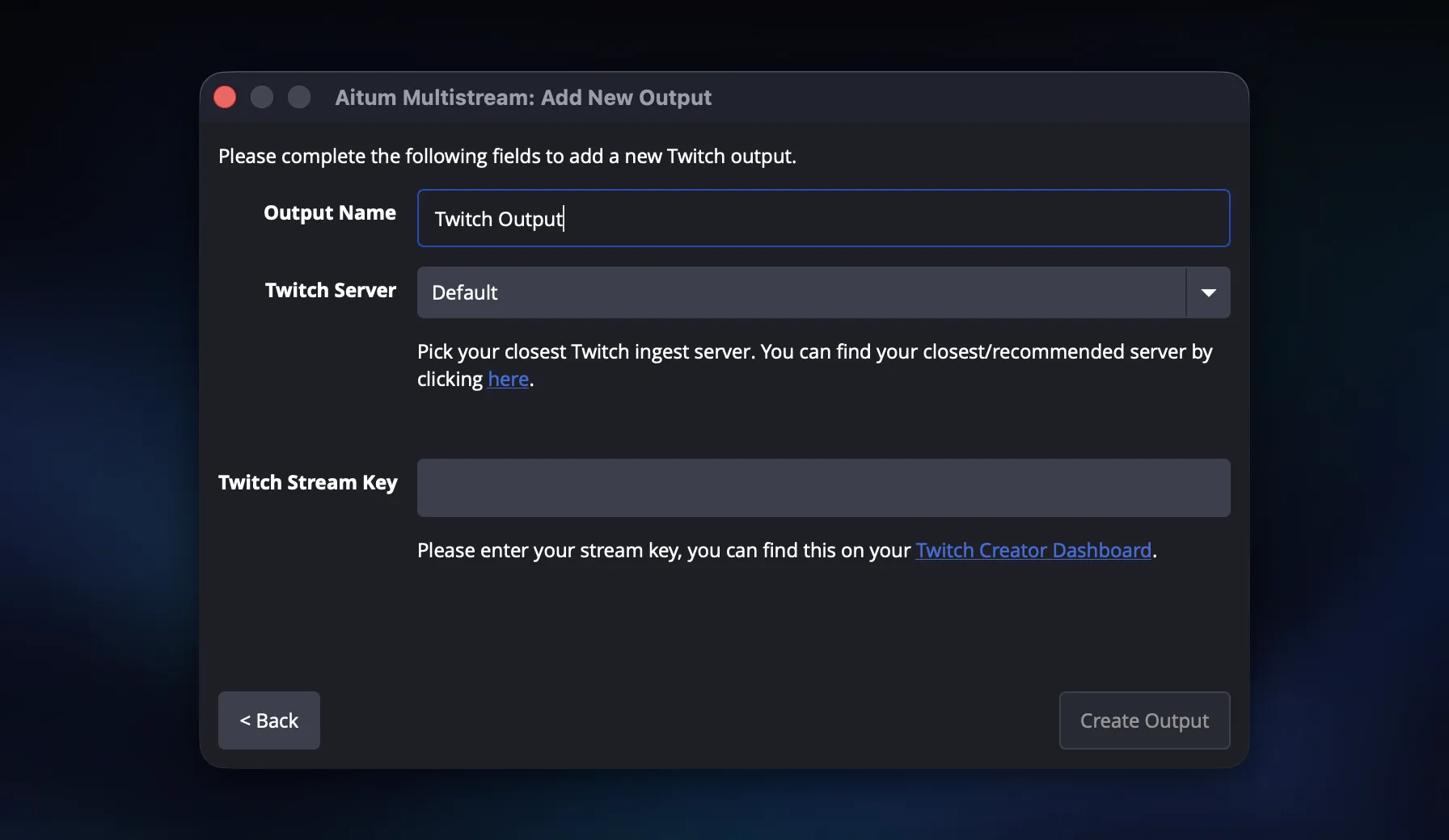 The Aitum Twitch output form with the output name filled in, a Twitch ingest server selector set to Default, and an empty Twitch stream key field.