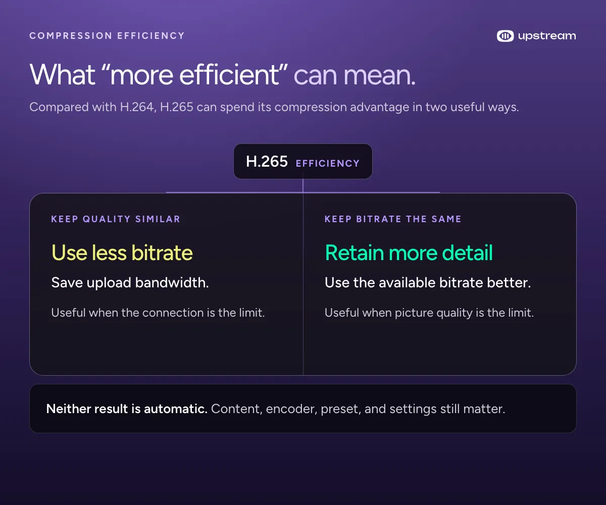 H.265 can use its compression efficiency for a lower bitrate at similar quality or more retained detail at the same bitrate