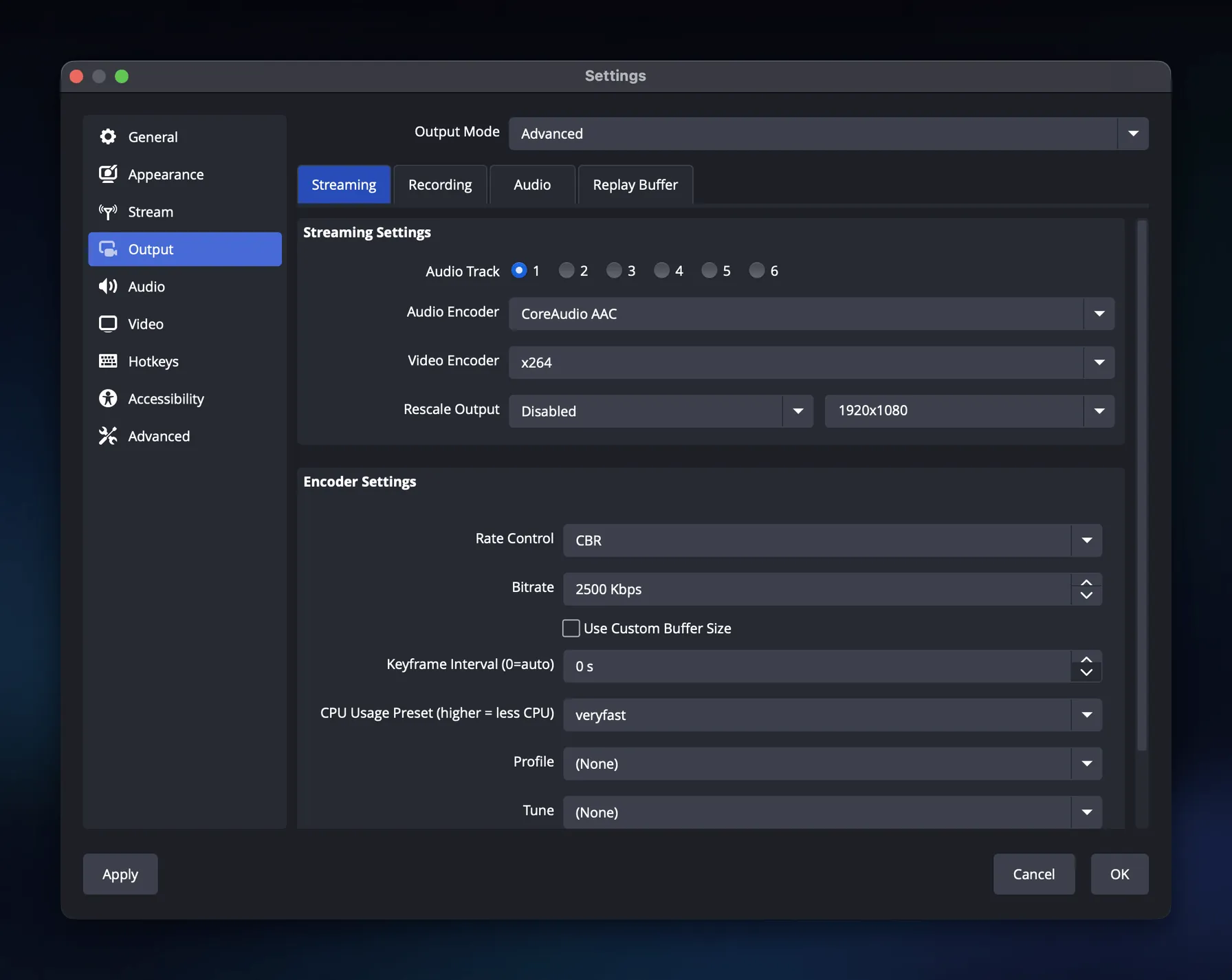 OBS Output settings in Advanced mode on the Streaming tab, showing the x264 encoder, CBR rate control, a 2500 Kbps bitrate and the keyframe interval.