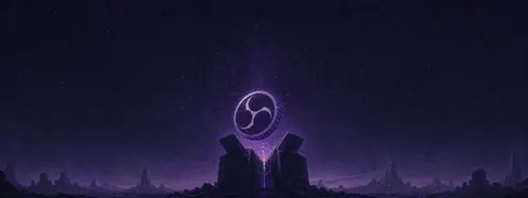 Pixel-art OBS token rising from an opened vault in a violet landscape