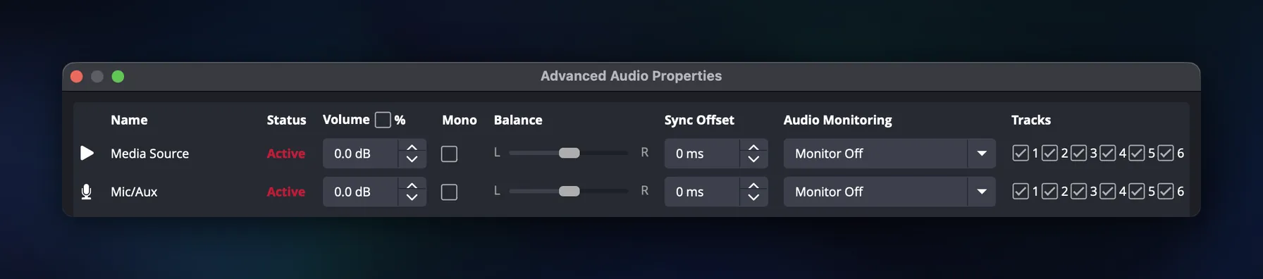 The OBS Advanced Audio Properties window listing the Media Source and Mic/Aux tracks with volume, mono, balance, sync offset, monitoring and track columns.
