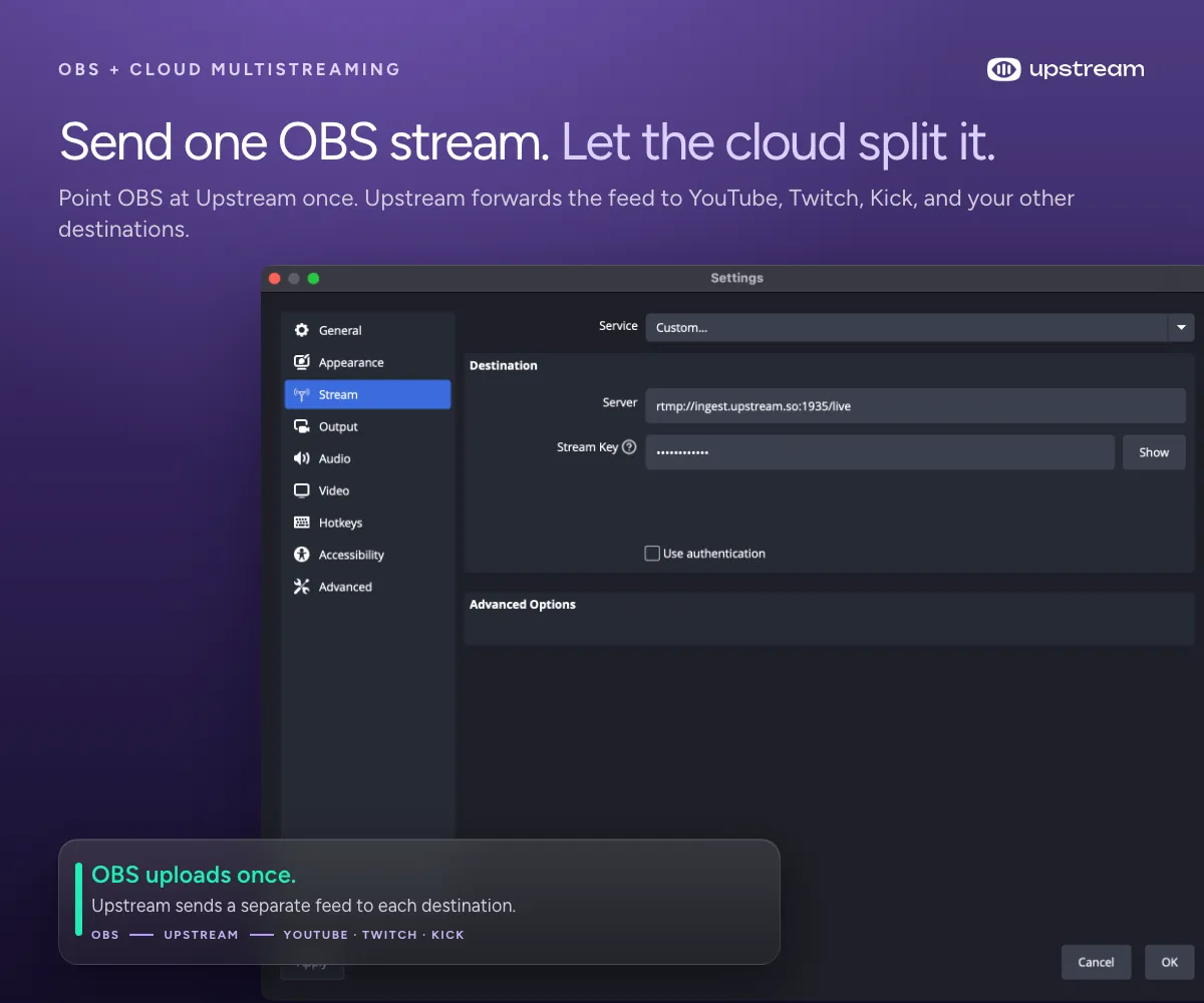 OBS Stream settings pointing one upload to Upstream for distribution to YouTube, Twitch, and Kick