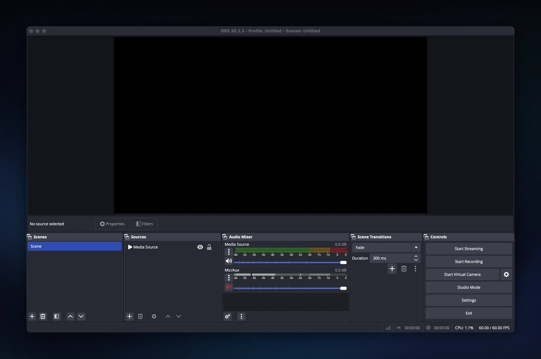The OBS main window with an empty black preview canvas, the scene and source lists, the audio mixer with Media Source and Mic/Aux levels, scene transitions, and the stream controls.