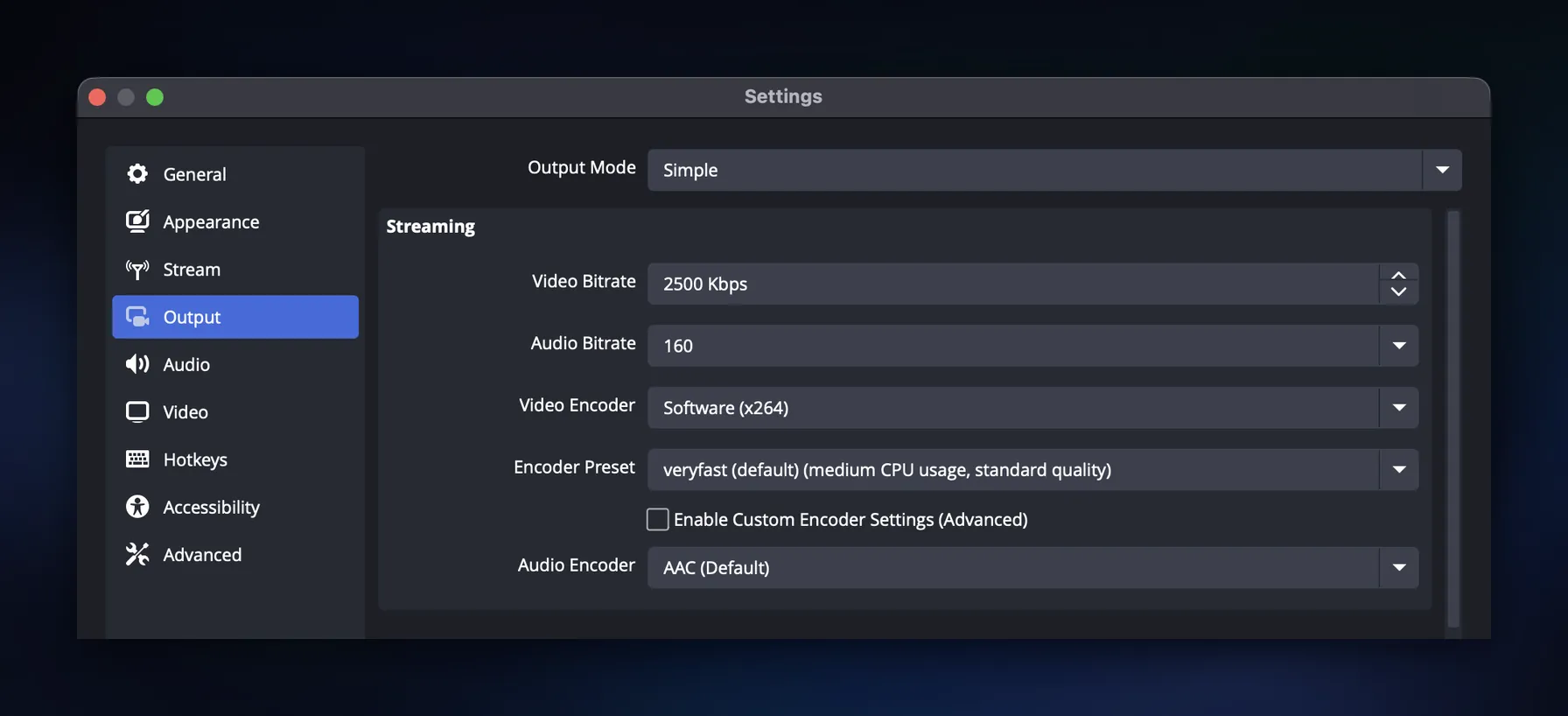 OBS Output settings in Simple mode, showing a 2500 Kbps video bitrate, 160 audio bitrate, the x264 software encoder and the veryfast preset.