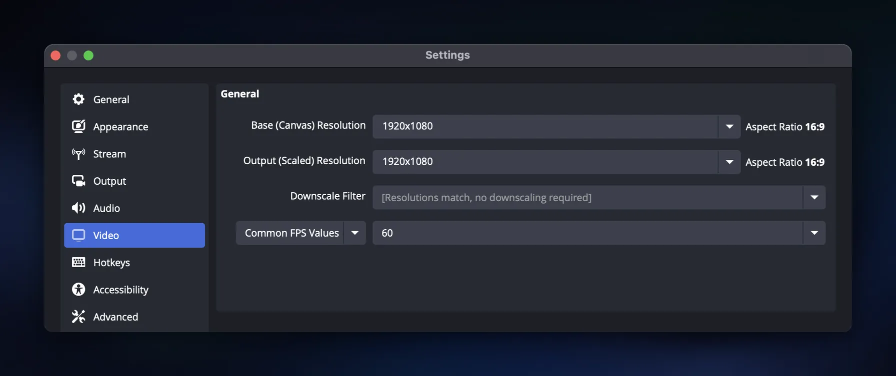 OBS Video settings with the base canvas and output resolution both set to 1920x1080 and the common FPS value set to 60.