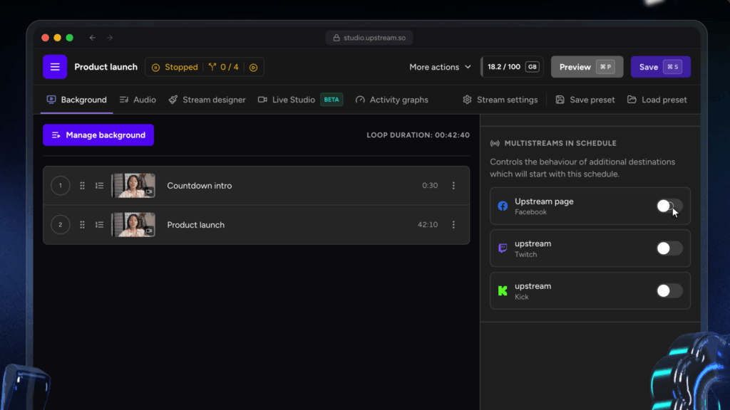 Upload, configure and schedule pre-recorded video with Upstream