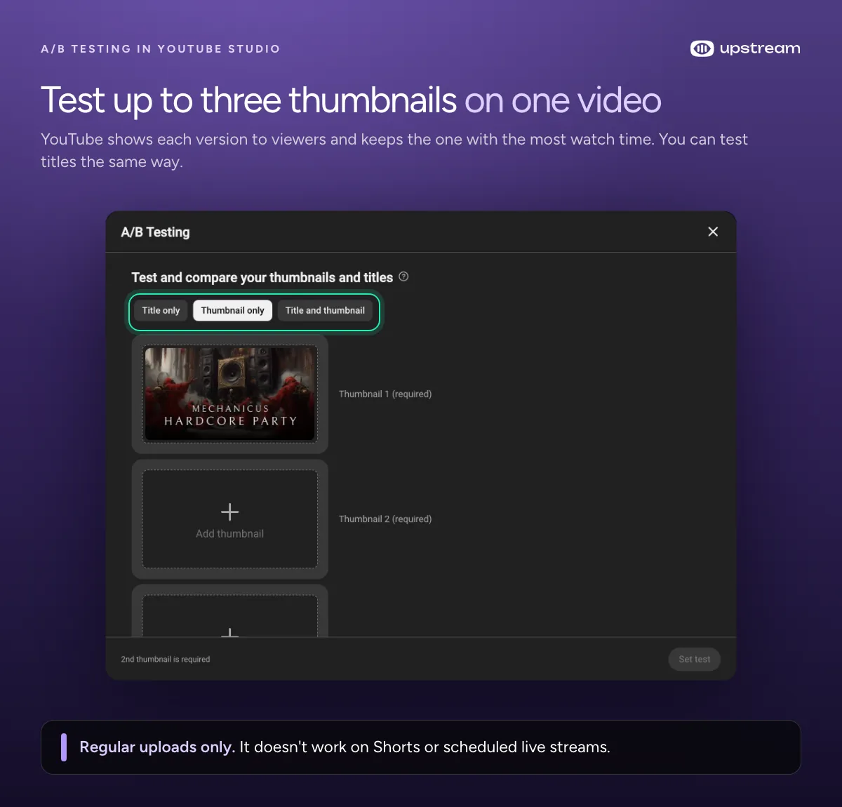YouTube Studio A/B Testing dialog set to Thumbnail only, with the current thumbnail and an empty second slot