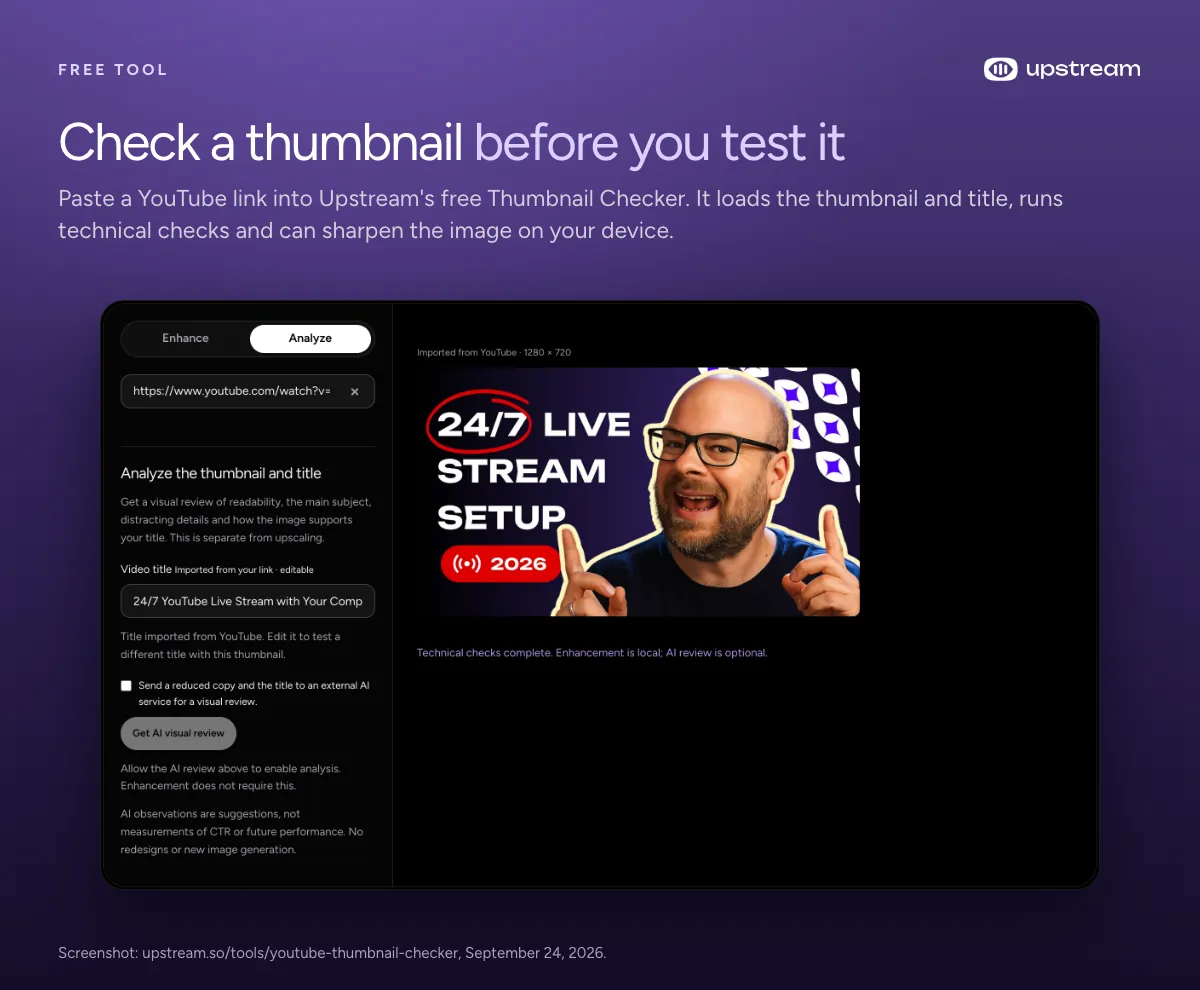 Upstream's free YouTube Thumbnail Checker with a thumbnail and title imported from a YouTube link