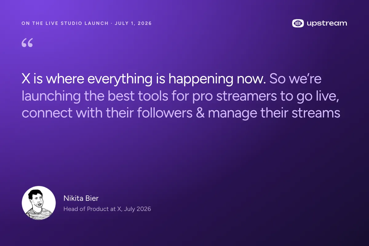 Quote card: Nikita Bier, then Head of Product at X, on launching Live Studio for pro streamers