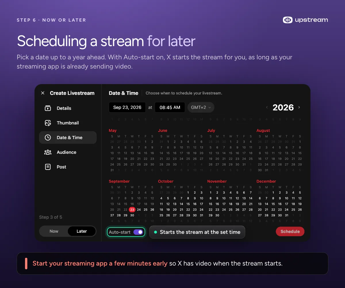X Live Studio Date and Time scheduling step with a year calendar and the Auto-start toggle highlighted