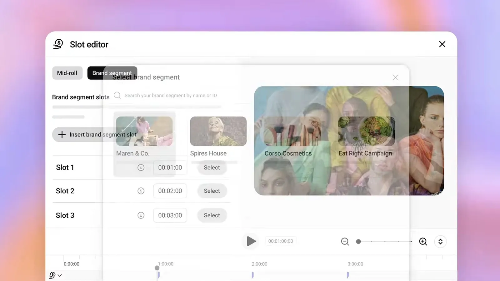 The Slot editor in YouTube Studio with brand segment slots at 1, 2 and 3 minutes and a picker of sponsor segments