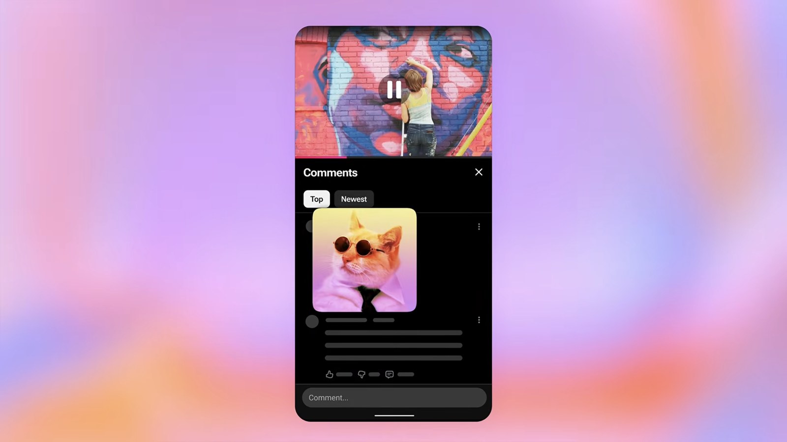A GIF of a cat in sunglasses posted as a comment in the YouTube app