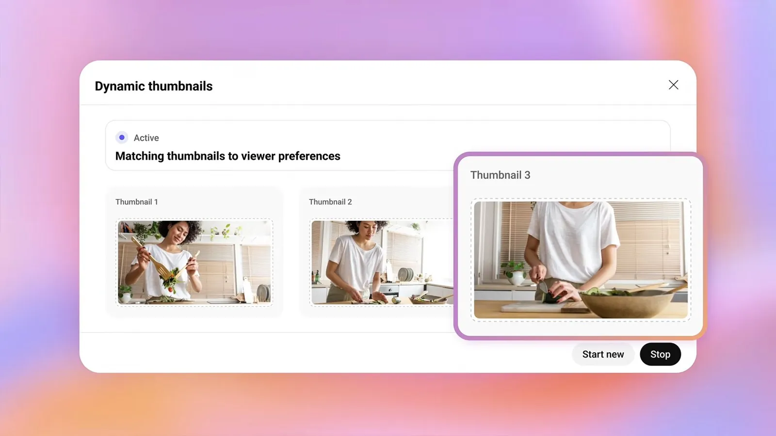 The Dynamic thumbnails panel in YouTube Studio, active and matching three thumbnails to viewer preferences