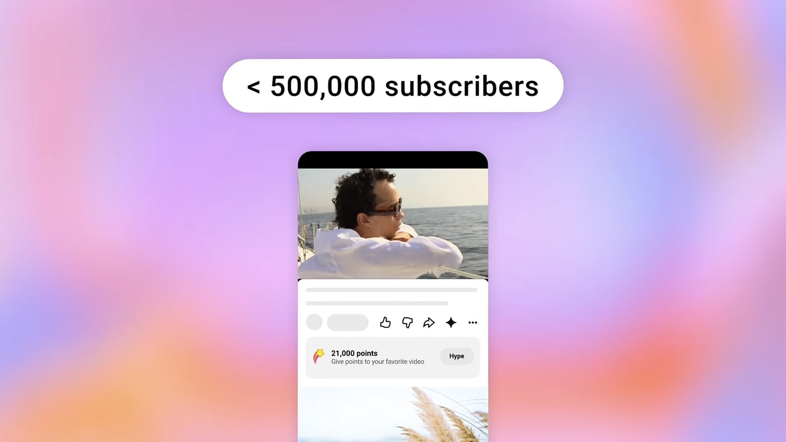 A video page in the YouTube app with a Hype points counter, next to a label reading under 500,000 subscribers
