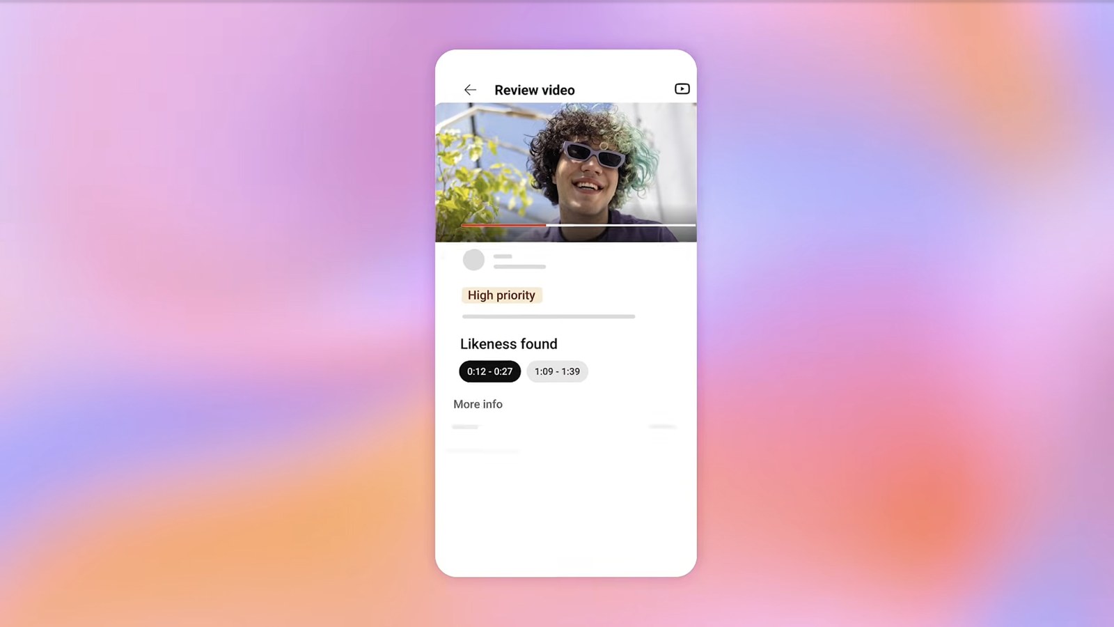 A Review video screen in the YouTube app marked High priority, listing where a likeness was found at 0:12 to 0:27 and 1:09 to 1:39