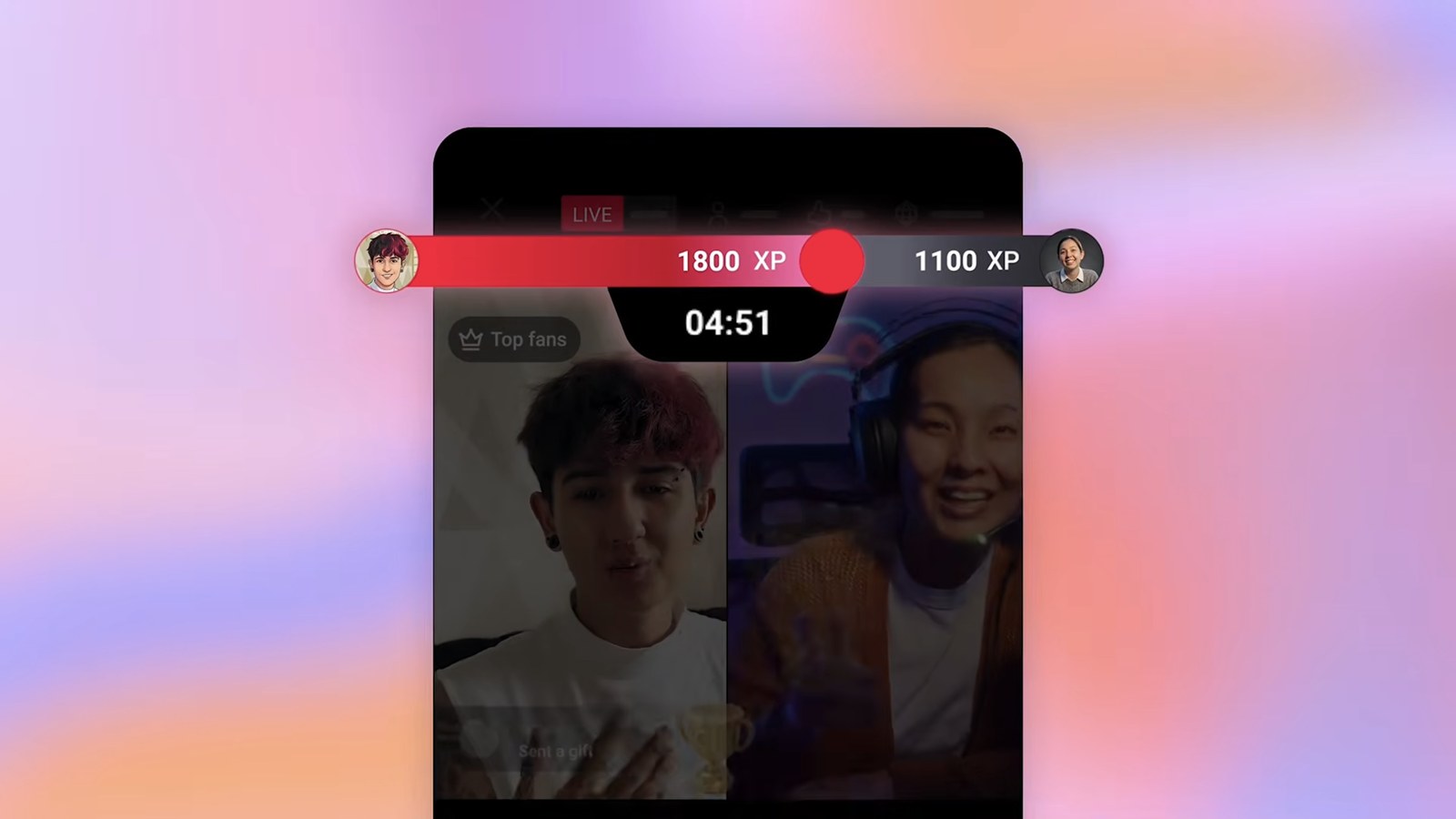 A Live showdown between two co-hosts in split screen, with a score bar reading 1800 XP against 1100 XP and a 04:51 countdown