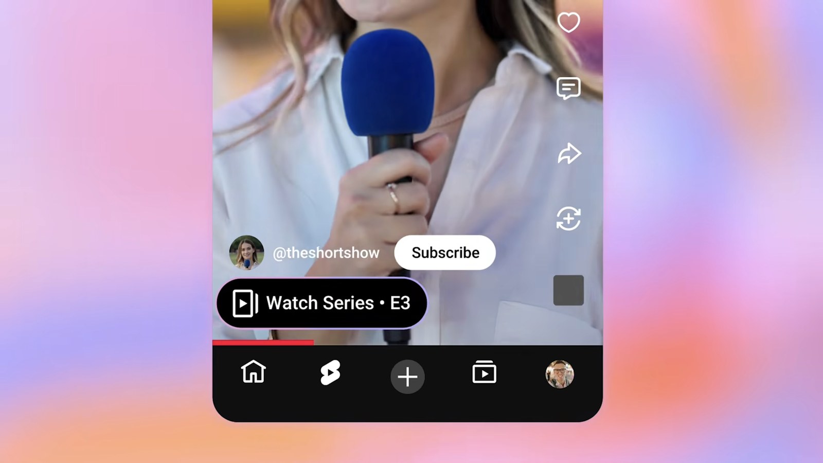 A Short from @theshortshow with a Watch Series E3 button above the Shorts navigation bar