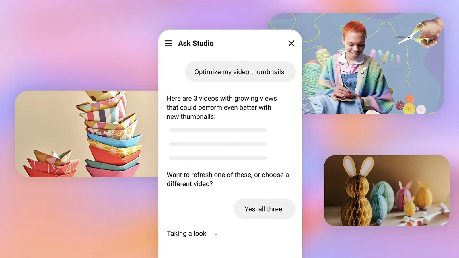 Ask Studio suggesting new thumbnails for three older videos with growing views, with a Yes, all three reply