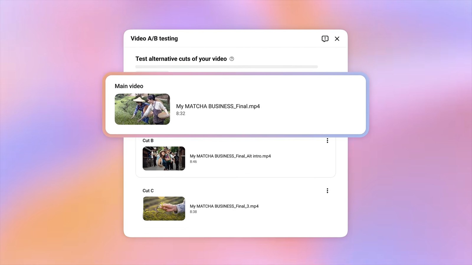 The Video A/B testing panel in YouTube Studio with a main video and two alternative cuts, Cut B and Cut C