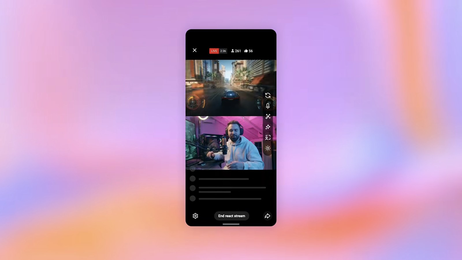A live reaction stream on a phone, with the reacted-to video on top, the streamer's camera below and an End react stream button