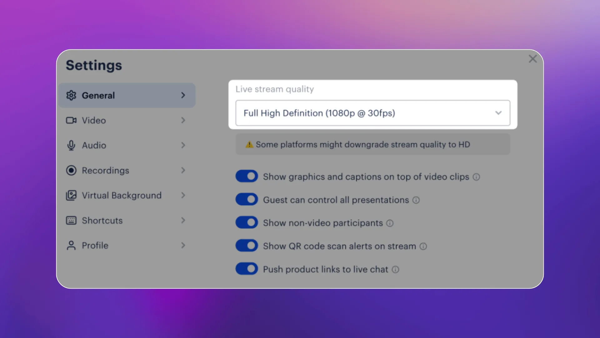 Restream video quality settings