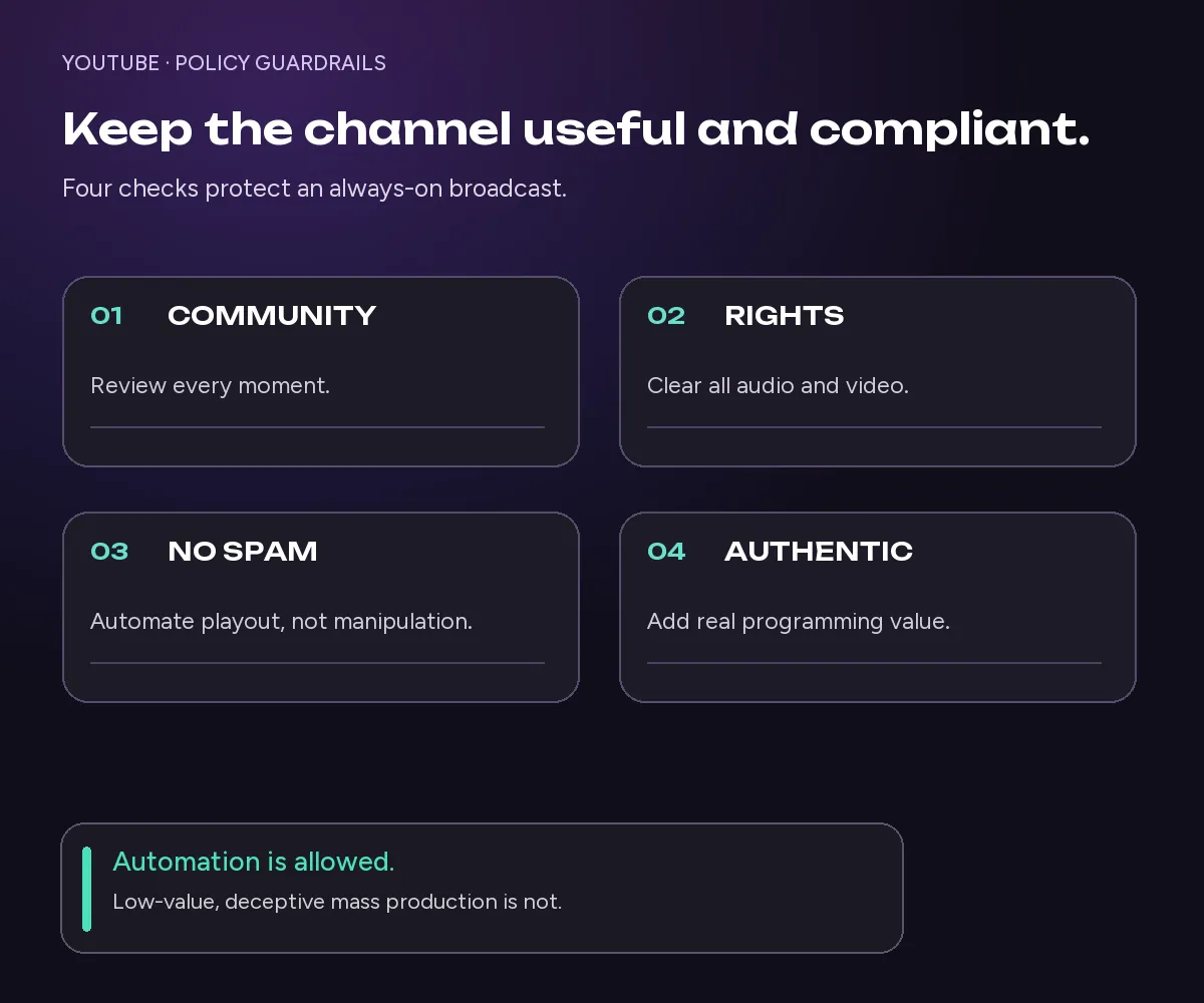 Four policy guardrails for a compliant 24/7 YouTube live stream